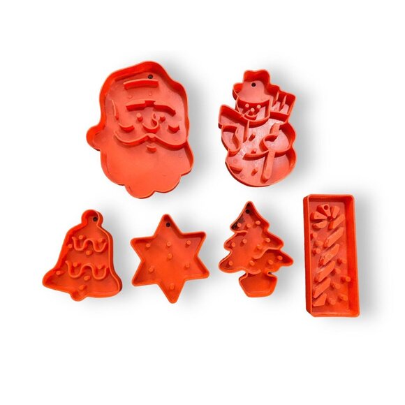 Vintage Christmas Cookie Cutters Santa Snowman Bell Tree Star Candy Cane Plastic - Picture 1 of 3